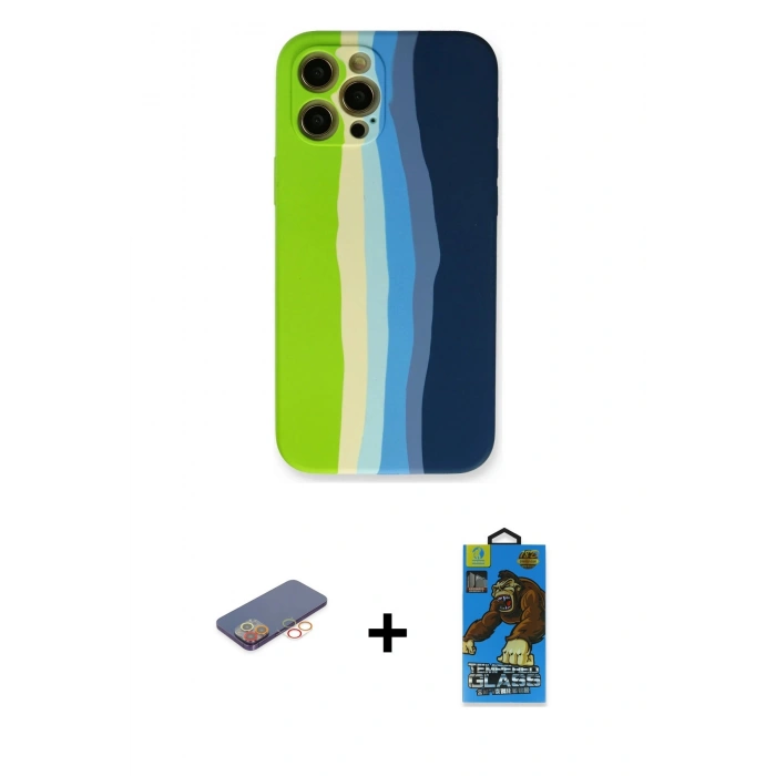 MARSİLYAN™- iPhone 12 Pro Max Kılıf Yadigar Çizgi - Siyah 18D Cam Ekran Koruyucu + Renkli Kamera Lens Koruma Cam - TU