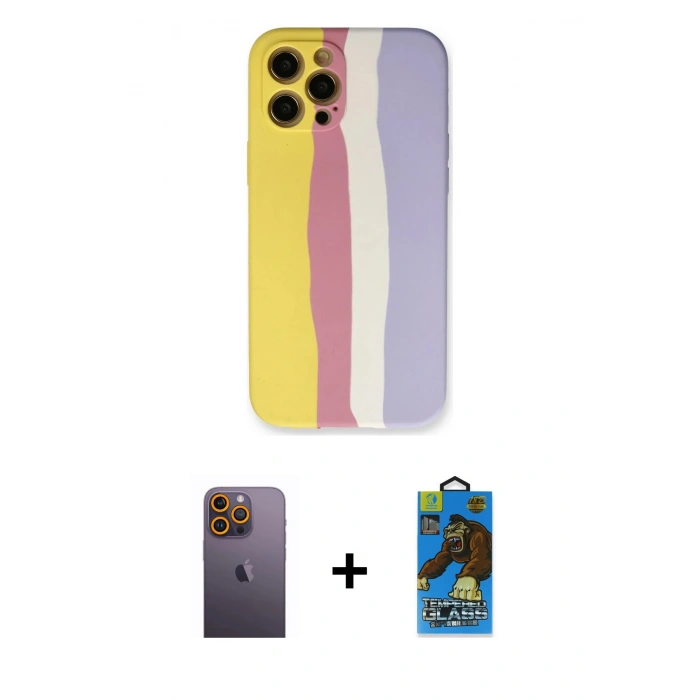 MARSİLYAN™- iPhone 12 Pro Max Kılıf Yadigar Çizgi - Siyah 18D Cam Ekran Koruyucu + Sarı Neon Fosforlu Kamera Lens