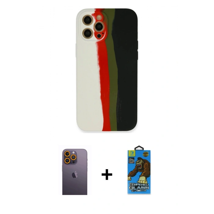 MARSİLYAN™- iPhone 12 Pro Max Kılıf Yadigar Çizgi - Siyah 18D Cam Ekran Koruyucu + Sarı Neon Fosforlu Kamera Lens