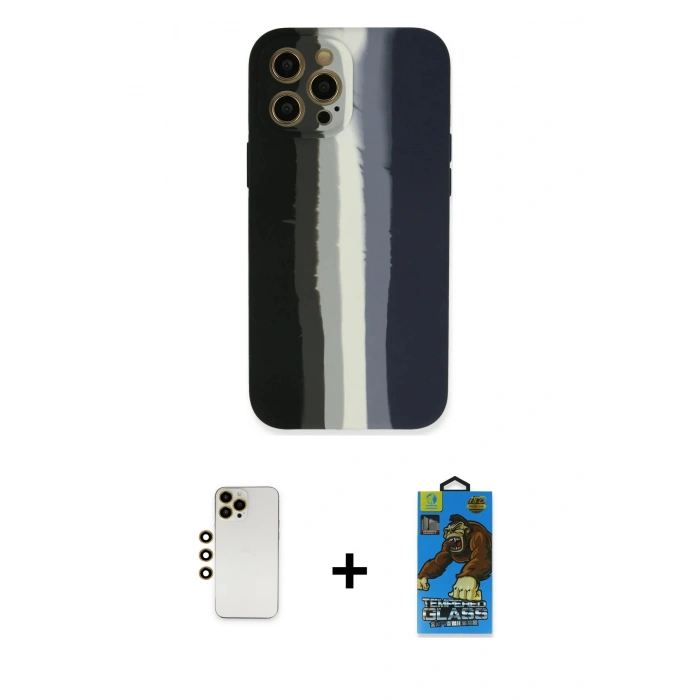 MARSİLYAN™- iPhone 12 Pro Max Kılıf Yadigar Çizgi - Siyah 18D Cam Ekran Koruyucu + Shine Kamera Lens - GD