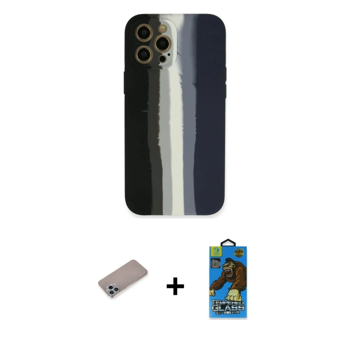 MARSİLYAN™- iPhone 12 Pro Max Kılıf Yadigar Çizgi - Siyah 18D Cam Ekran Koruyucu + Shine Kamera Lens Koruma Cam - SABE