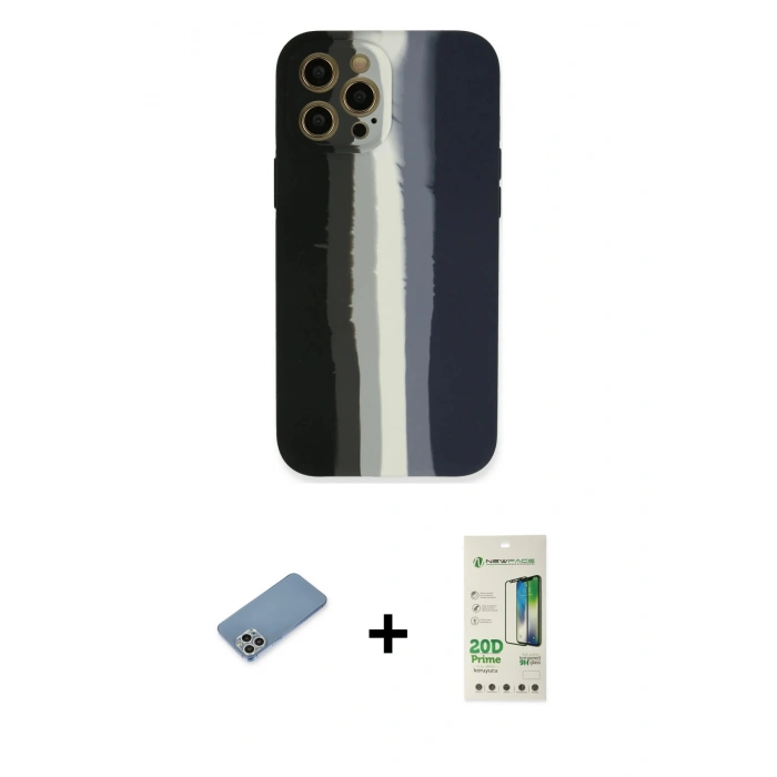 MARSİLYAN™- iPhone 12 Pro Max Kılıf Yadigar Çizgi - Siyah 20D Premium Cam Ekran Koruyucu + Gümüş Shine Kamera Lens Koruma Cam