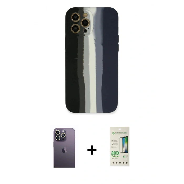 MARSİLYAN™- iPhone 12 Pro Max Kılıf Yadigar Çizgi - Siyah 20D Premium Cam Ekran Koruyucu + Neon Fosforlu Kamera Lens - BZ