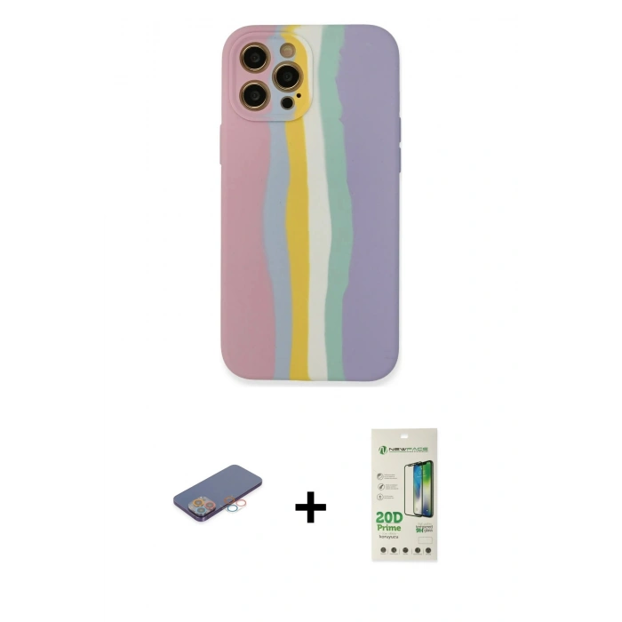 MARSİLYAN™- iPhone 12 Pro Max Kılıf Yadigar Çizgi - Siyah 20D Premium Cam Ekran Koruyucu + Pembe Renkli Kamera Lens Koruma Cam