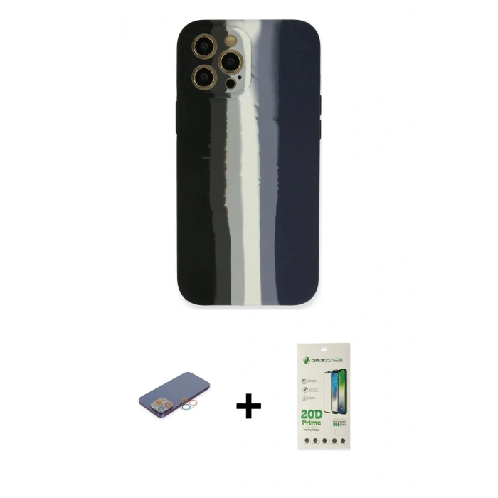 MARSİLYAN™- iPhone 12 Pro Max Kılıf Yadigar Çizgi - Siyah 20D Premium Cam Ekran Koruyucu + Pembe Renkli Kamera Lens Koruma Cam