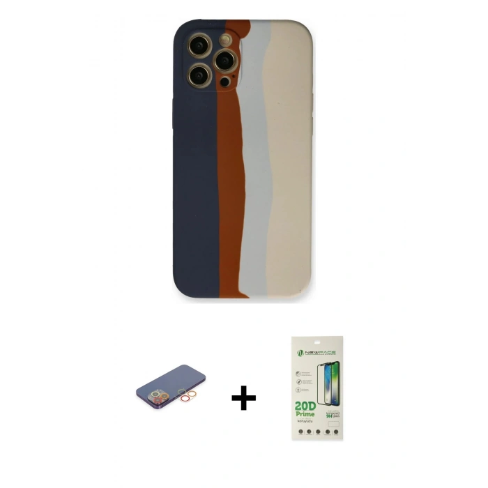 MARSİLYAN™- iPhone 12 Pro Max Kılıf Yadigar Çizgi - Siyah 20D Premium Cam Ekran Koruyucu + Turuncu Renkli Kamera Lens Koruma Cam