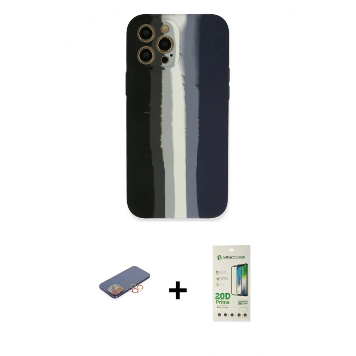 MARSİLYAN™- iPhone 12 Pro Max Kılıf Yadigar Çizgi - Siyah 20D Premium Cam Ekran Koruyucu + Turuncu Renkli Kamera Lens Koruma Cam