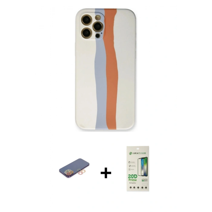 MARSİLYAN™- iPhone 12 Pro Max Kılıf Yadigar Çizgi - Siyah 20D Premium Cam Ekran Koruyucu + Turuncu Renkli Kamera Lens Koruma Cam