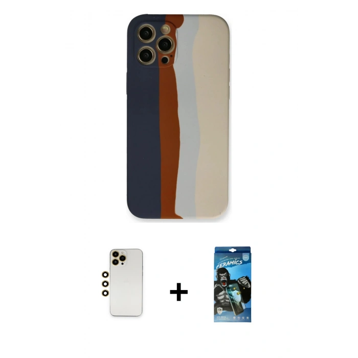 MARSİLYAN™- iPhone 12 Pro Max Kılıf Yadigar Çizgi - Siyah 34D Izgaralı Cam + Shine Kamera Lens - GD