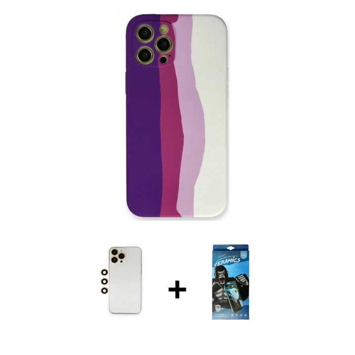MARSİLYAN™- iPhone 12 Pro Max Kılıf Yadigar Çizgi - Siyah 34D Izgaralı Cam + Shine Kamera Lens - GD
