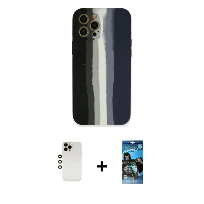 MARSİLYAN™- iPhone 12 Pro Max Kılıf Yadigar Çizgi - Siyah 34D Izgaralı Cam + Shine Kamera Lens - GD