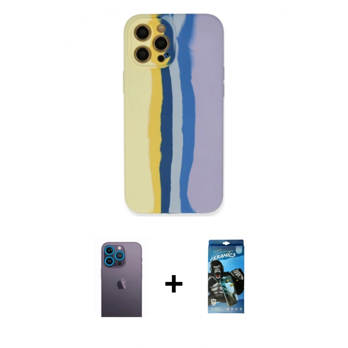 MARSİLYAN™- iPhone 12 Pro Max Kılıf Yadigar Çizgi - Siyah 34D Izgaralı Cam + Neon Fosforlu Kamera Lens - MI