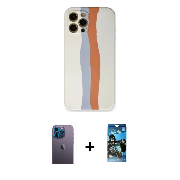 MARSİLYAN™- iPhone 12 Pro Max Kılıf Yadigar Çizgi - Siyah 34D Izgaralı Cam + Neon Fosforlu Kamera Lens - MI