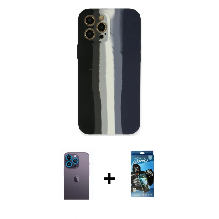 MARSİLYAN™- iPhone 12 Pro Max Kılıf Yadigar Çizgi - Siyah 34D Izgaralı Cam + Neon Fosforlu Kamera Lens - MI