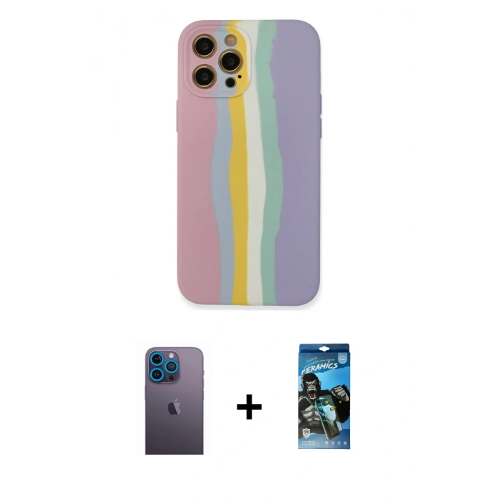 MARSİLYAN™- iPhone 12 Pro Max Kılıf Yadigar Çizgi - Siyah 34D Izgaralı Cam + Neon Fosforlu Kamera Lens - MI