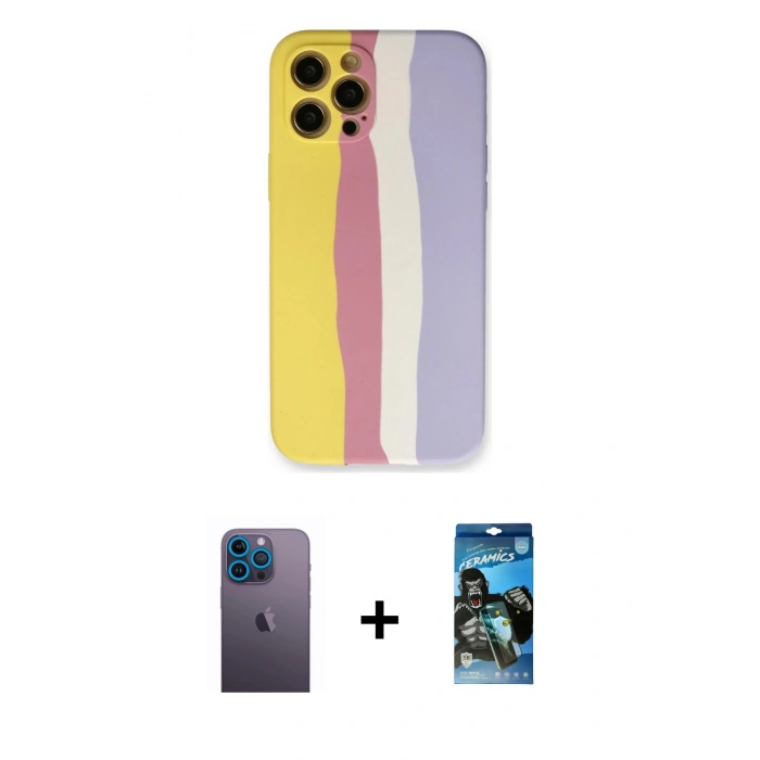 MARSİLYAN™- iPhone 12 Pro Max Kılıf Yadigar Çizgi - Siyah 34D Izgaralı Cam + Neon Fosforlu Kamera Lens - MI