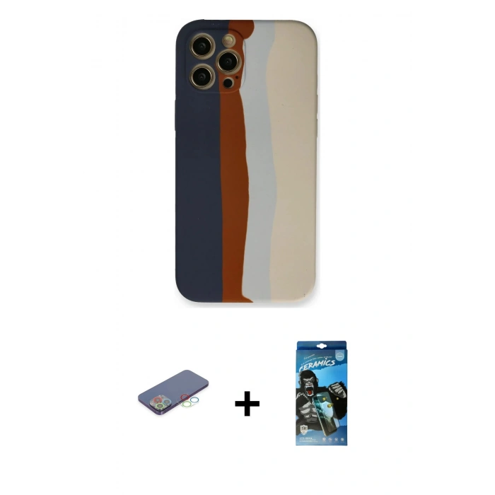 MARSİLYAN™- iPhone 12 Pro Max Kılıf Yadigar Çizgi - Siyah 34D Izgaralı Cam + Mavi Renkli Kamera Lens Koruma Cam