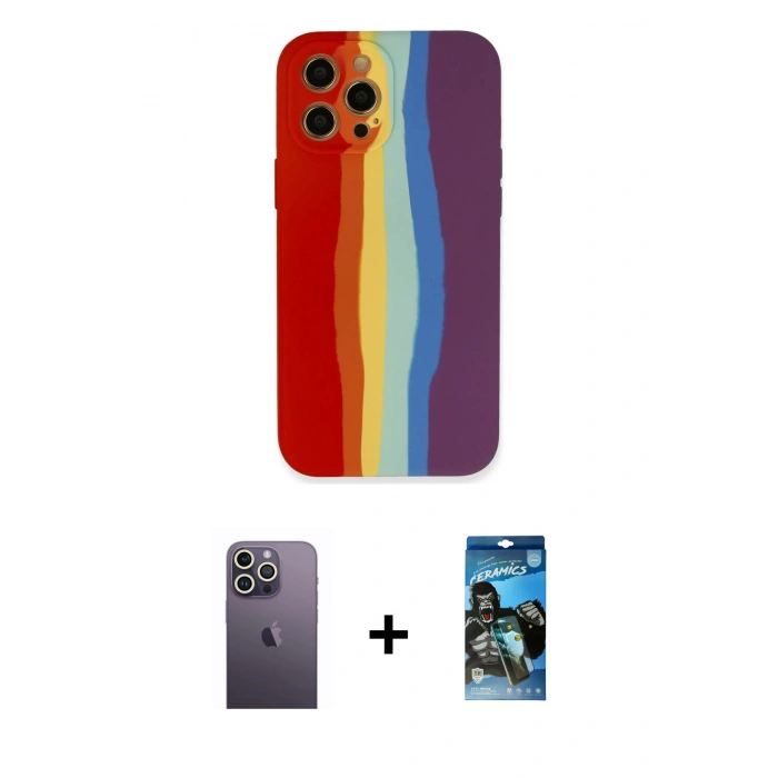 MARSİLYAN™- iPhone 12 Pro Max Kılıf Yadigar Çizgi - Siyah 34D Izgaralı Cam + Neon Fosforlu Kamera Lens - BZ