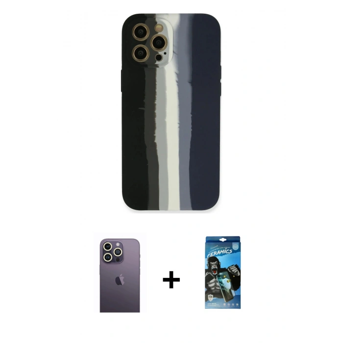 MARSİLYAN™- iPhone 12 Pro Max Kılıf Yadigar Çizgi - Siyah 34D Izgaralı Cam + Neon Fosforlu Kamera Lens - BZ