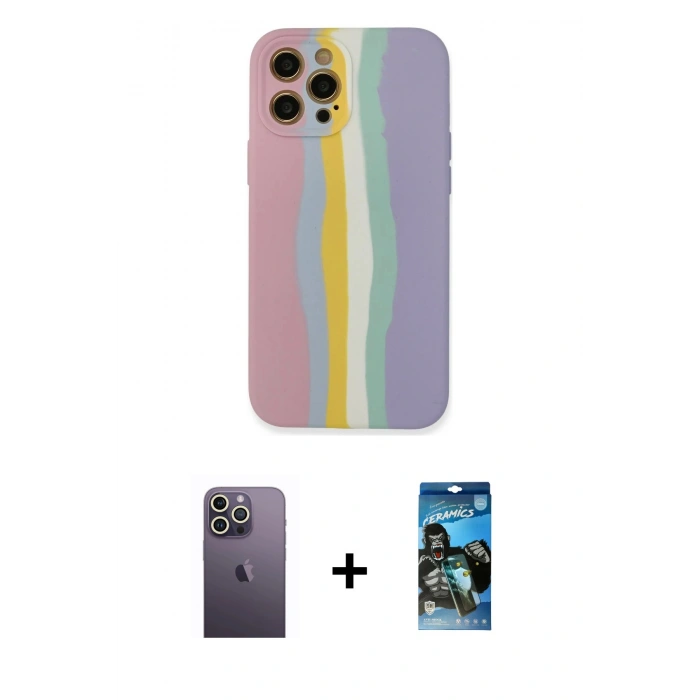 MARSİLYAN™- iPhone 12 Pro Max Kılıf Yadigar Çizgi - Siyah 34D Izgaralı Cam + Neon Fosforlu Kamera Lens - BZ