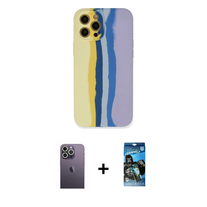 MARSİLYAN™- iPhone 12 Pro Max Kılıf Yadigar Çizgi - Siyah 34D Izgaralı Cam + Neon Fosforlu Kamera Lens - BZ