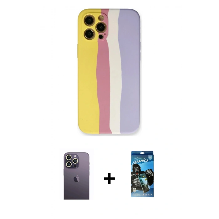 MARSİLYAN™- iPhone 12 Pro Max Kılıf Yadigar Çizgi - Siyah 34D Izgaralı Cam + Neon Fosforlu Kamera Lens - BZ