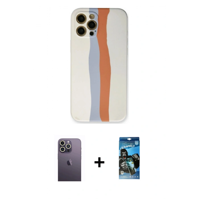 MARSİLYAN™- iPhone 12 Pro Max Kılıf Yadigar Çizgi - Siyah 34D Izgaralı Cam + Neon Fosforlu Kamera Lens - BZ