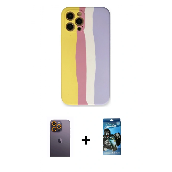 MARSİLYAN™- iPhone 12 Pro Max Kılıf Yadigar Çizgi - Siyah 34D Izgaralı Cam + Neon Fosforlu Kamera Lens - SI