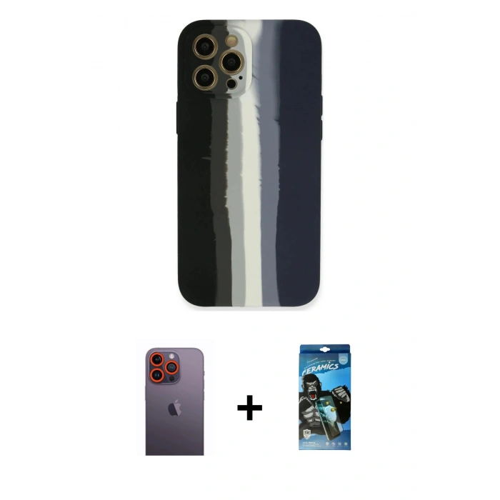 MARSİLYAN™- iPhone 12 Pro Max Kılıf Yadigar Çizgi - Siyah 34D Izgaralı Cam + Neon Fosforlu Kamera Lens - TU
