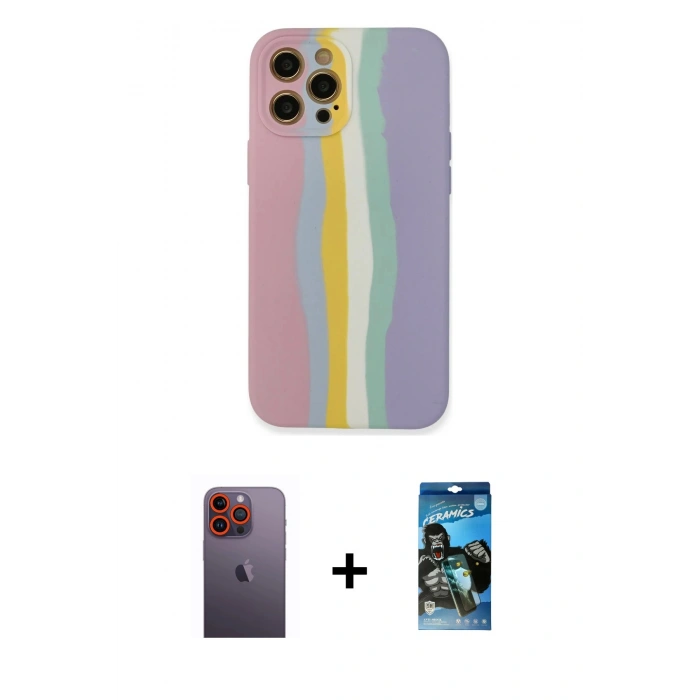 MARSİLYAN™- iPhone 12 Pro Max Kılıf Yadigar Çizgi - Siyah 34D Izgaralı Cam + Neon Fosforlu Kamera Lens - TU