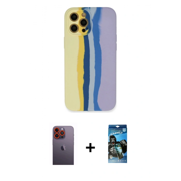 MARSİLYAN™- iPhone 12 Pro Max Kılıf Yadigar Çizgi - Siyah 34D Izgaralı Cam + Neon Fosforlu Kamera Lens - TU