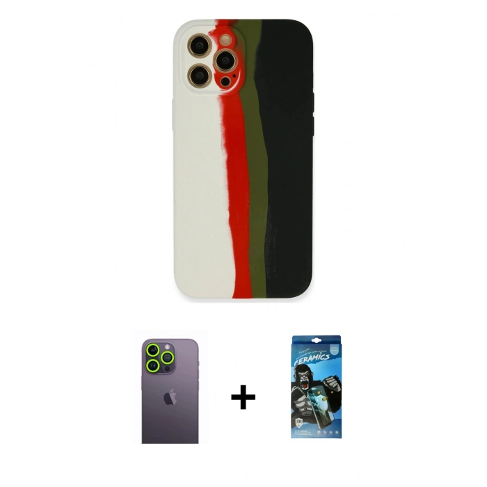 MARSİLYAN™- iPhone 12 Pro Max Kılıf Yadigar Çizgi - Siyah 34D Izgaralı Cam + Neon Fosforlu Kamera Lens - YL