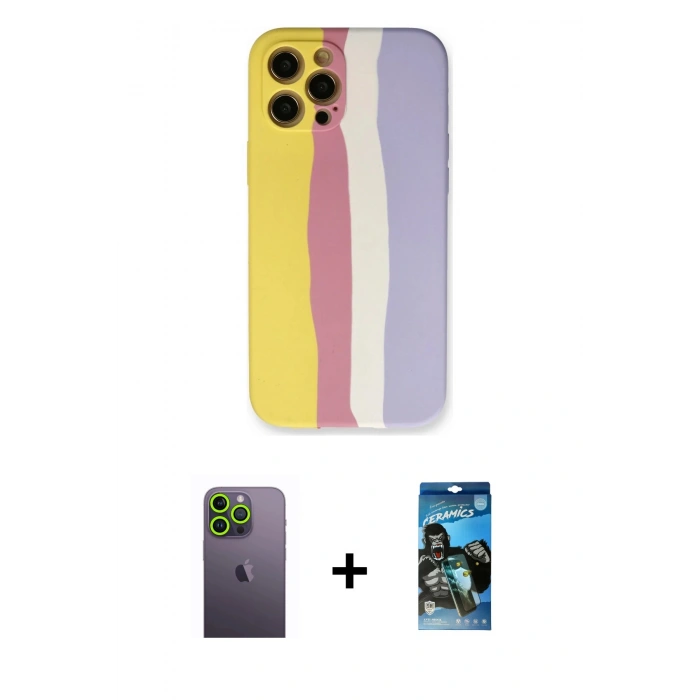 MARSİLYAN™- iPhone 12 Pro Max Kılıf Yadigar Çizgi - Siyah 34D Izgaralı Cam + Neon Fosforlu Kamera Lens - YL