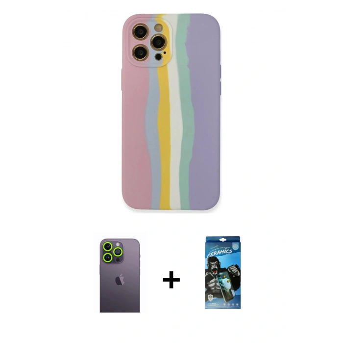 MARSİLYAN™- iPhone 12 Pro Max Kılıf Yadigar Çizgi - Siyah 34D Izgaralı Cam + Neon Fosforlu Kamera Lens - YL