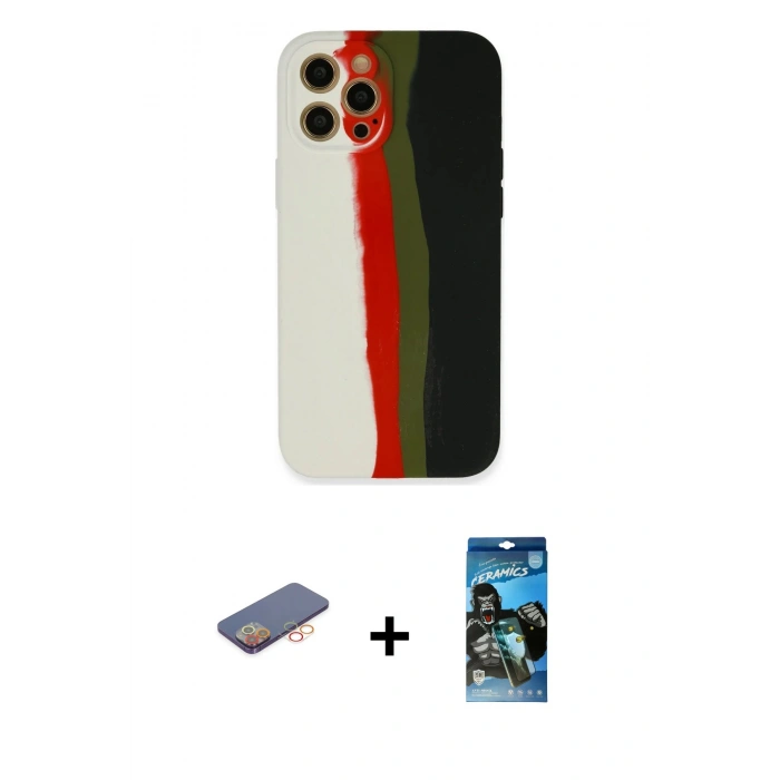 MARSİLYAN™- iPhone 12 Pro Max Kılıf Yadigar Çizgi - Siyah 34D Izgaralı Cam + Renkli Kamera Lens Koruma Cam - TU