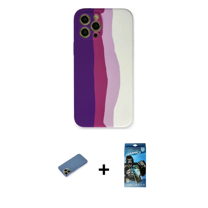 MARSİLYAN™- iPhone 12 Pro Max Kılıf Yadigar Çizgi - Siyah 34D Izgaralı Cam + Shine Kamera Lens Koruma Cam - GD