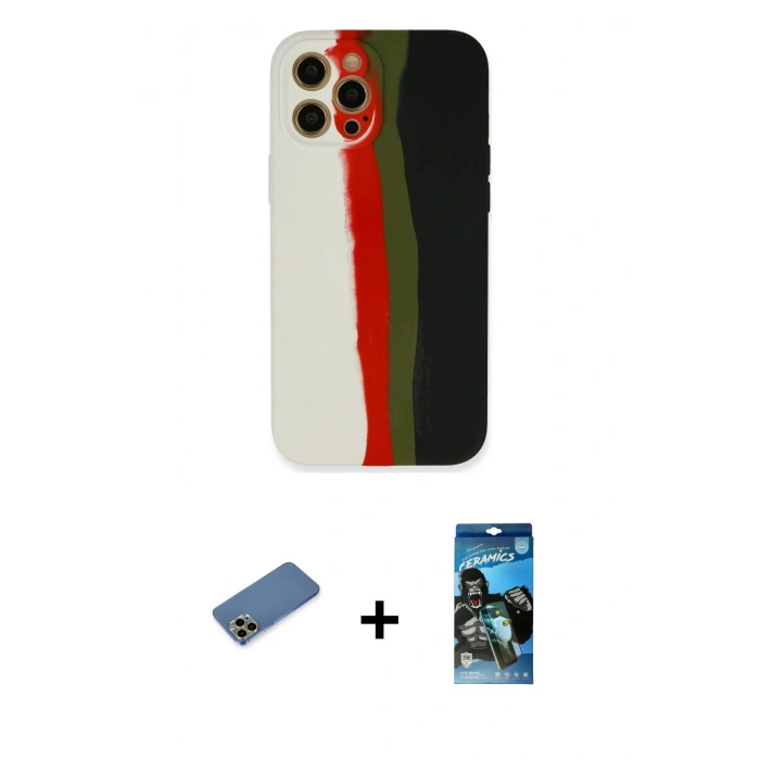 MARSİLYAN™- iPhone 12 Pro Max Kılıf Yadigar Çizgi - Siyah 34D Izgaralı Cam + Shine Kamera Lens Koruma Cam - GD