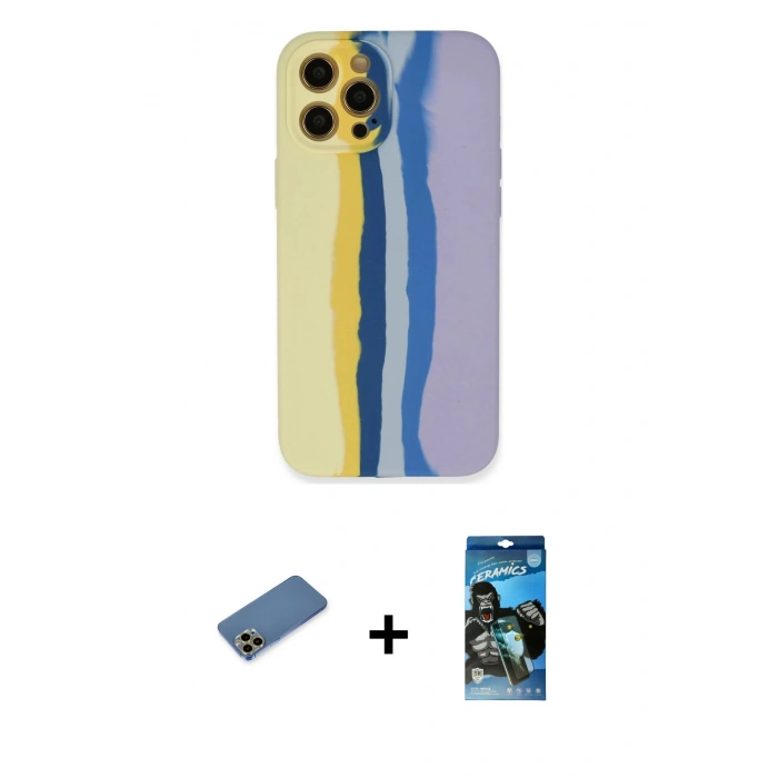 MARSİLYAN™- iPhone 12 Pro Max Kılıf Yadigar Çizgi - Siyah 34D Izgaralı Cam + Shine Kamera Lens Koruma Cam - GD