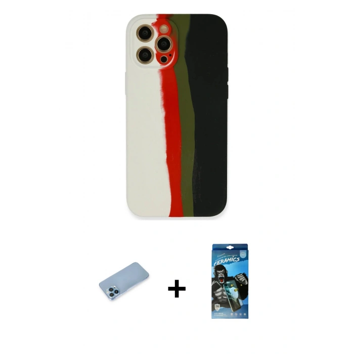 MARSİLYAN™- iPhone 12 Pro Max Kılıf Yadigar Çizgi - Siyah 34D Izgaralı Cam + Shine Kamera Lens Koruma Cam - MI