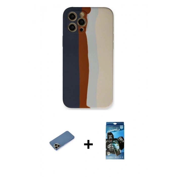MARSİLYAN™- iPhone 12 Pro Max Kılıf Yadigar Çizgi - Siyah 34D Izgaralı Cam + Shine Kamera Lens Koruma Cam - GD