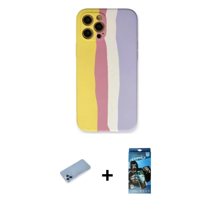 MARSİLYAN™- iPhone 12 Pro Max Kılıf Yadigar Çizgi - Siyah 34D Izgaralı Cam + Shine Kamera Lens Koruma Cam - MI