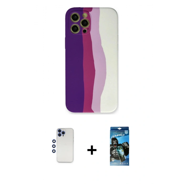 MARSİLYAN™- iPhone 12 Pro Max Kılıf Yadigar Çizgi - Siyah 34D Izgaralı Cam + Shine Kamera Lens - LT