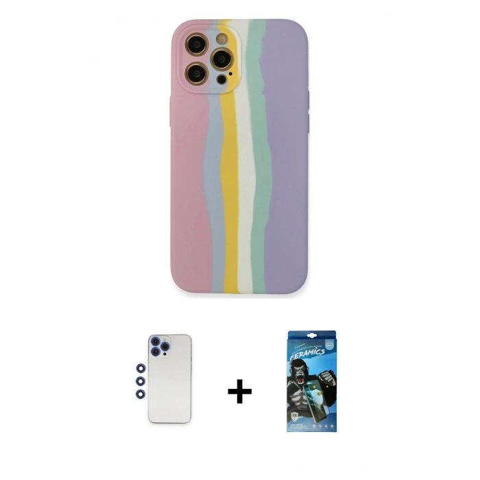 MARSİLYAN™- iPhone 12 Pro Max Kılıf Yadigar Çizgi - Siyah 34D Izgaralı Cam + Shine Kamera Lens - LT
