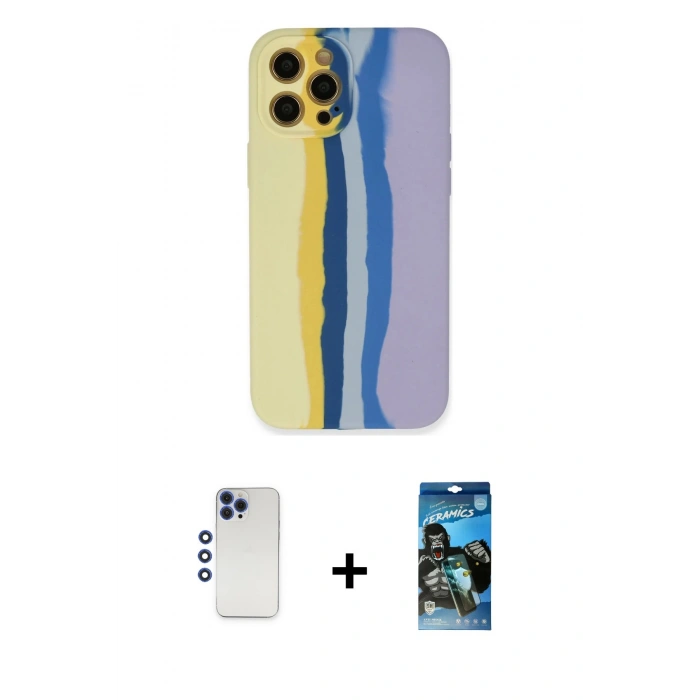 MARSİLYAN™- iPhone 12 Pro Max Kılıf Yadigar Çizgi - Siyah 34D Izgaralı Cam + Shine Kamera Lens - LT