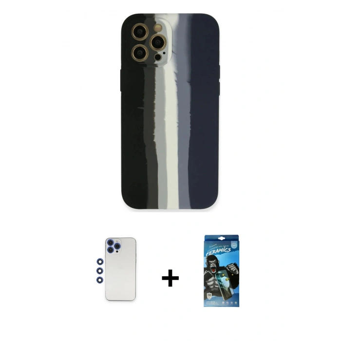 MARSİLYAN™- iPhone 12 Pro Max Kılıf Yadigar Çizgi - Siyah 34D Izgaralı Cam + Shine Kamera Lens - LT