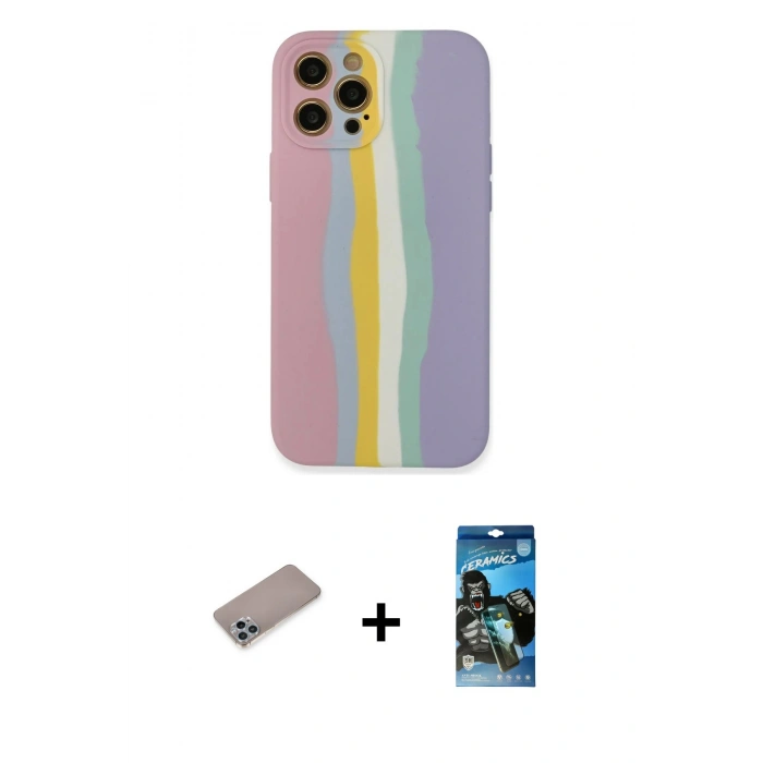 MARSİLYAN™- iPhone 12 Pro Max Kılıf Yadigar Çizgi - Siyah 34D Izgaralı Cam + Sierra Blue Shine Kamera Lens Koruma Cam