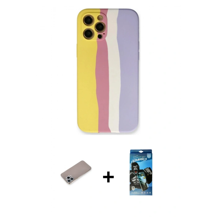 MARSİLYAN™- iPhone 12 Pro Max Kılıf Yadigar Çizgi - Siyah 34D Izgaralı Cam + Sierra Blue Shine Kamera Lens Koruma Cam