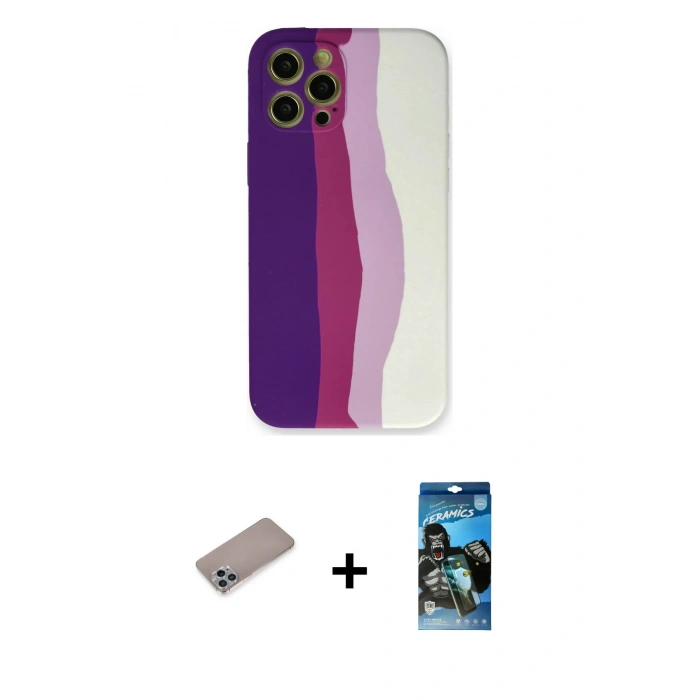 MARSİLYAN™- iPhone 12 Pro Max Kılıf Yadigar Çizgi - Siyah 34D Izgaralı Cam + Sierra Blue Shine Kamera Lens Koruma Cam