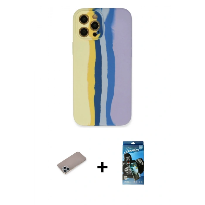MARSİLYAN™- iPhone 12 Pro Max Kılıf Yadigar Çizgi - Siyah 34D Izgaralı Cam + Sierra Blue Shine Kamera Lens Koruma Cam