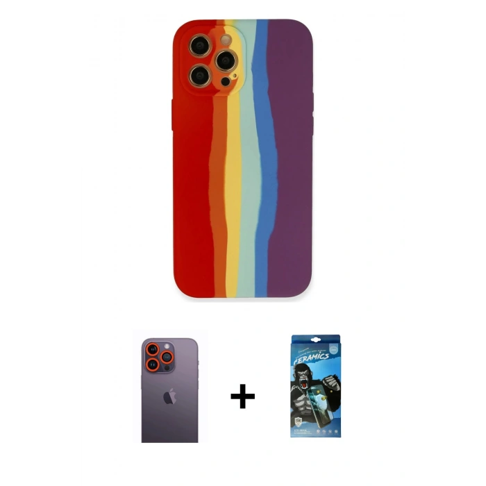 MARSİLYAN™- iPhone 12 Pro Max Kılıf Yadigar Çizgi - Siyah 34D Izgaralı Cam + Neon Fosforlu Kamera Lens - TU